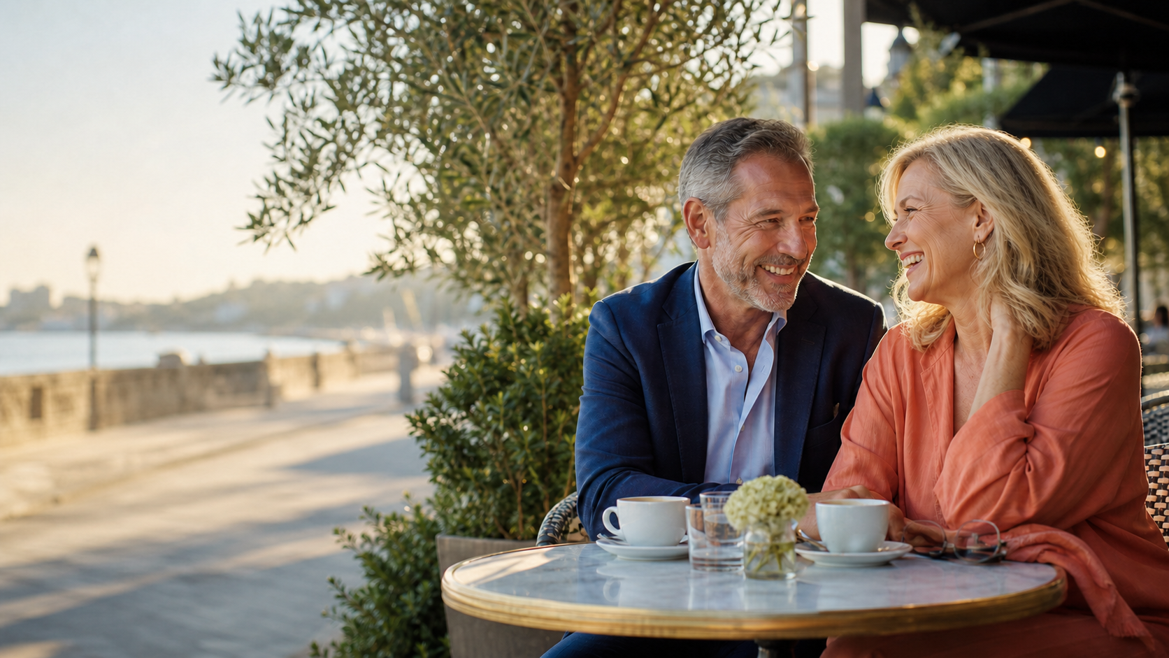 A couple over 50 enjoying a relaxed conversation at an outdoor café